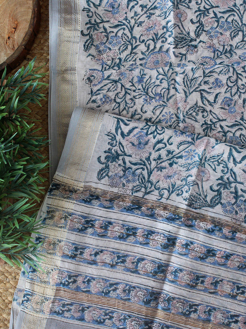 Grey Bagru Hand Block Printed Maheshwari Dress Material