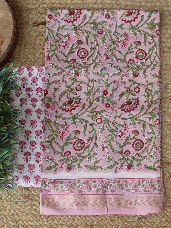 Baby Pink Bagru Hand Block Printed Maheshwari Dress Material