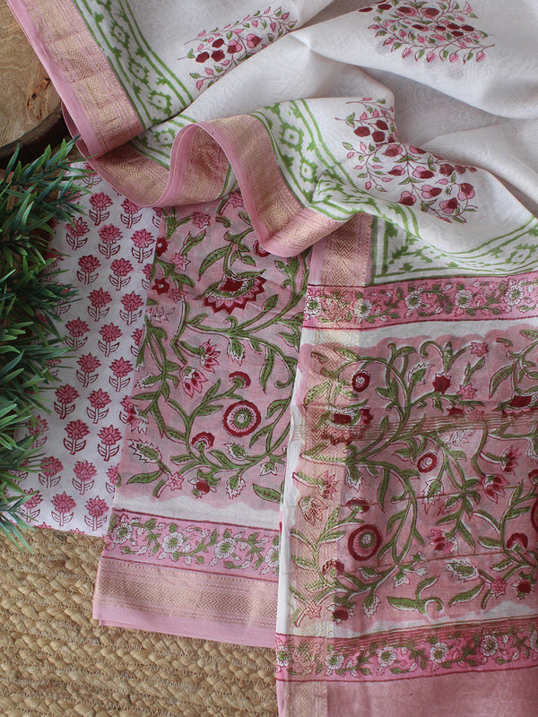 Baby Pink Bagru Hand Block Printed Maheshwari Dress Material