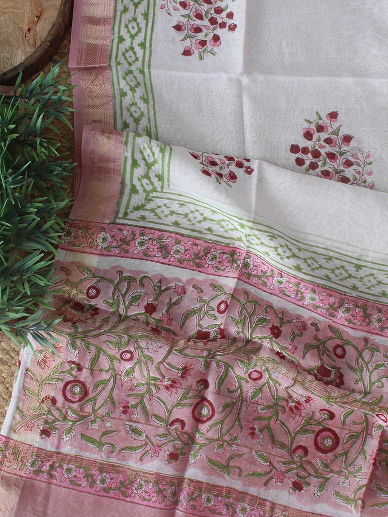 Baby Pink Bagru Hand Block Printed Maheshwari Dress Material