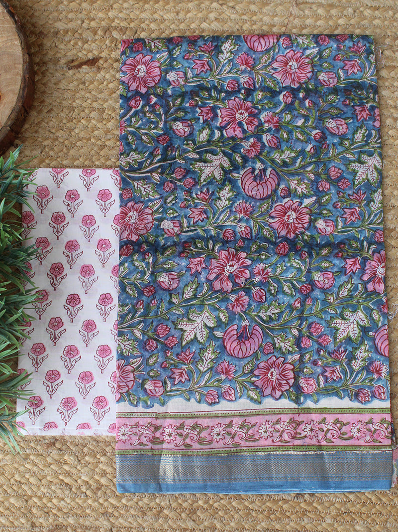 Blue Pink Bagru Hand Block Printed Maheshwari Dress Material