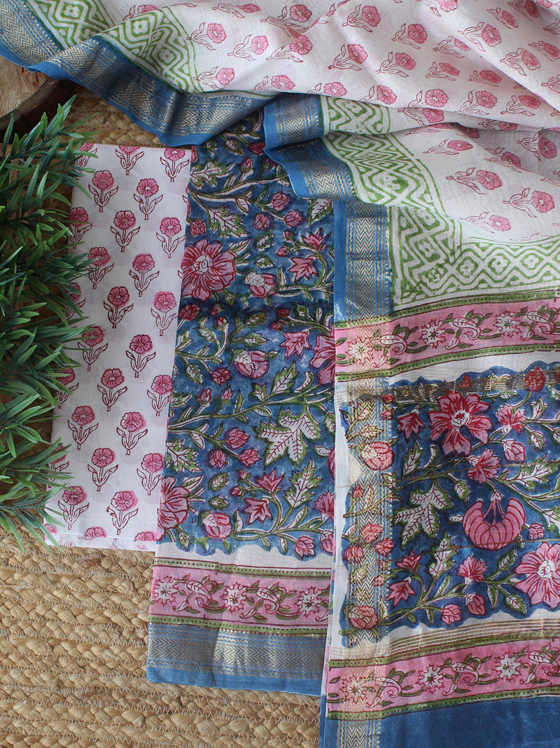 Blue Pink Bagru Hand Block Printed Maheshwari Dress Material