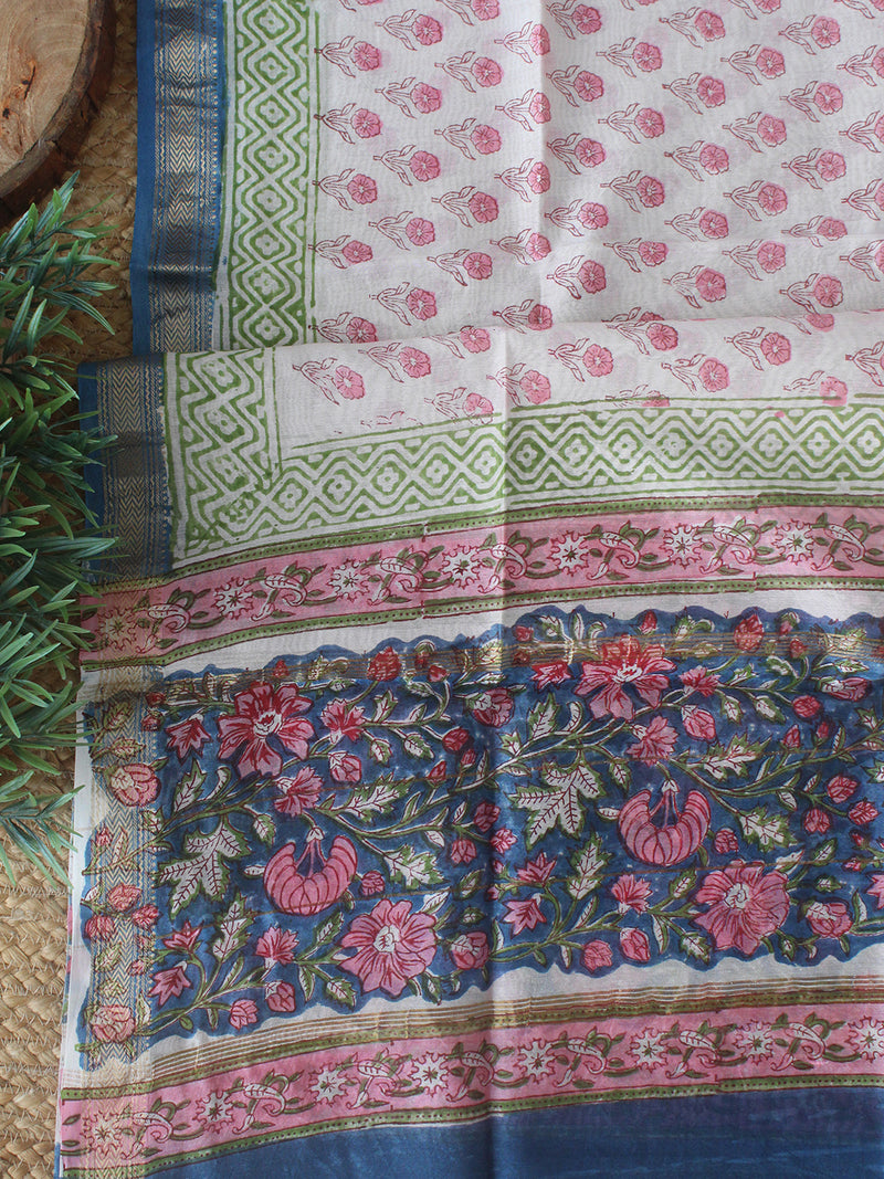 Blue Pink Bagru Hand Block Printed Maheshwari Dress Material