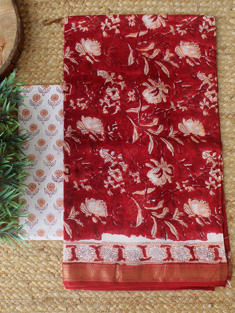 Red Bagru Hand Block Printed Maheshwari Dress Material