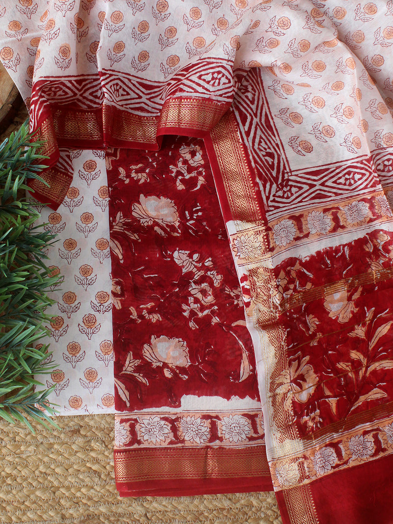 Red Bagru Hand Block Printed Maheshwari Dress Material