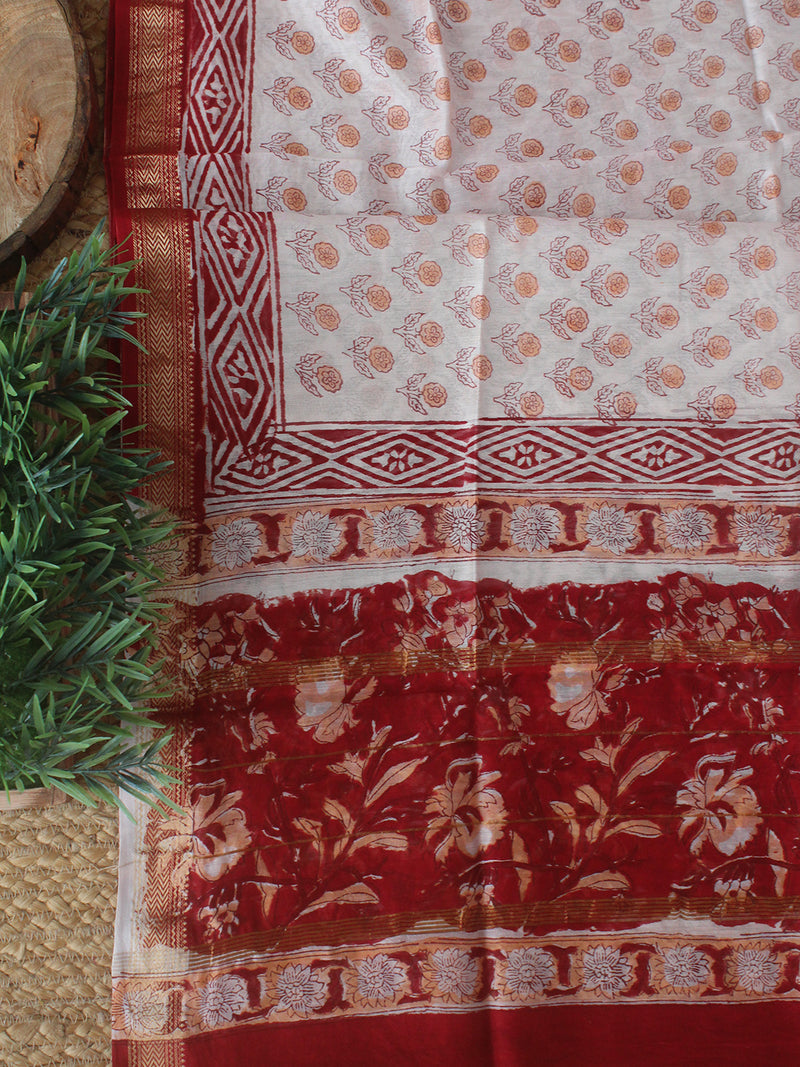 Red Bagru Hand Block Printed Maheshwari Dress Material