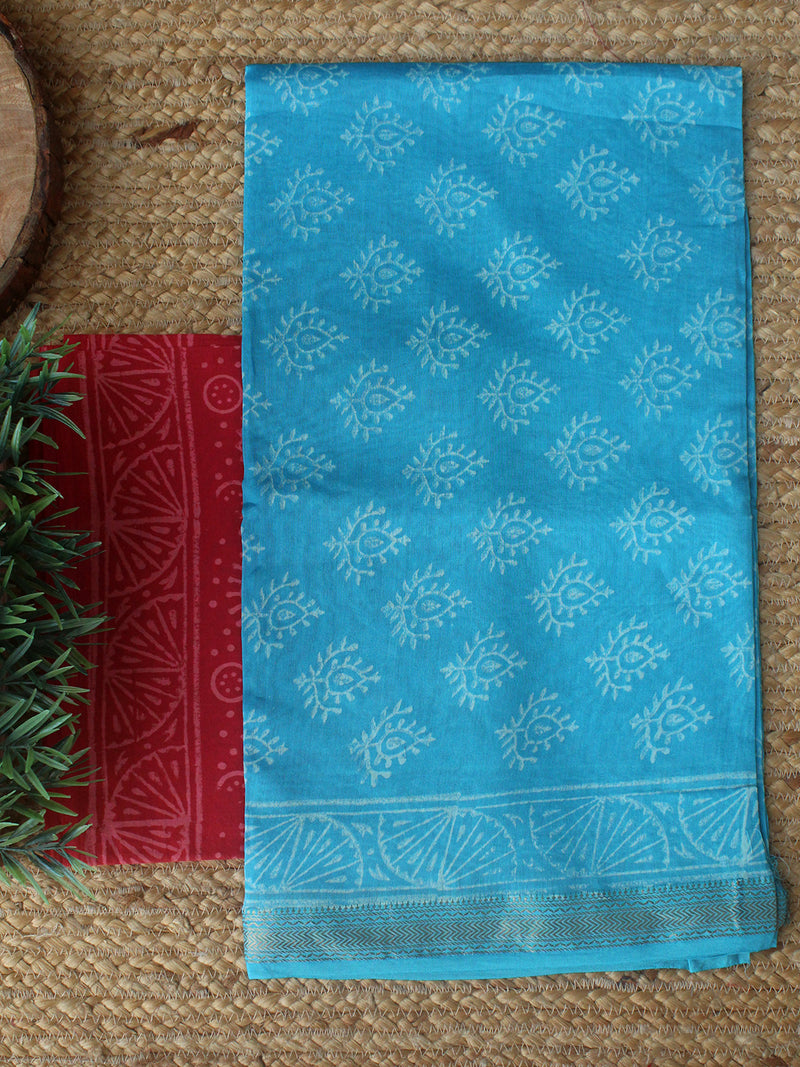 Blue Bagru Hand Block Printed Maheshwari Dress Material