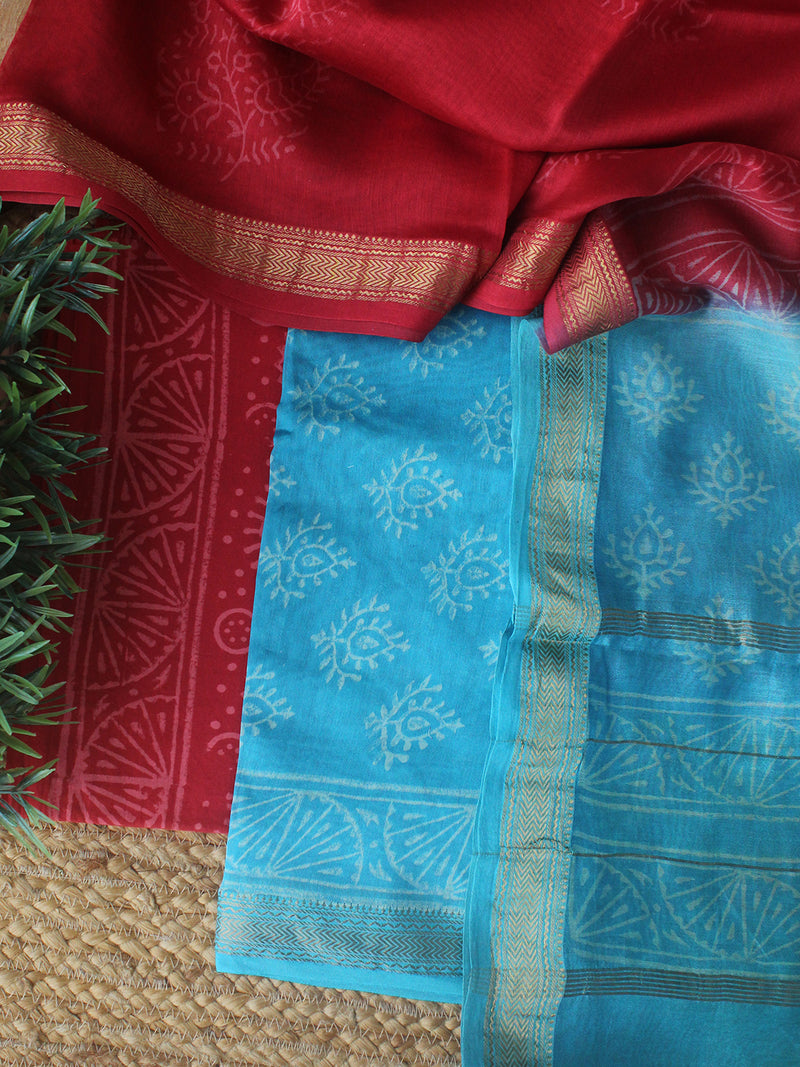 Blue Bagru Hand Block Printed Maheshwari Dress Material