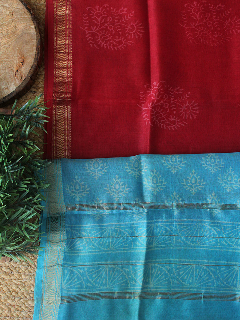 Blue Bagru Hand Block Printed Maheshwari Dress Material