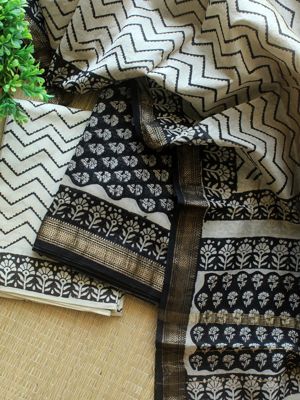 Black Hand Block Printed Maheshwari Dress Material - Weaves of Tradition