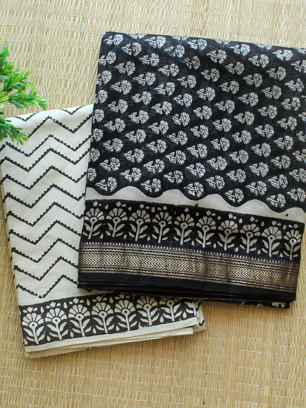 Black Hand Block Printed Maheshwari Dress Material - Weaves of Tradition