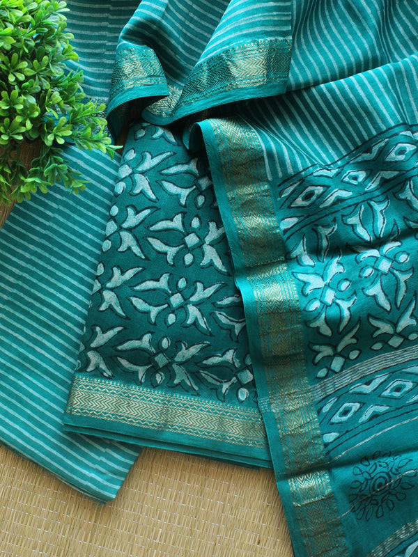 Sea Green Hand Block Printed Maheshwari Dress Material - Weaves of Tradition