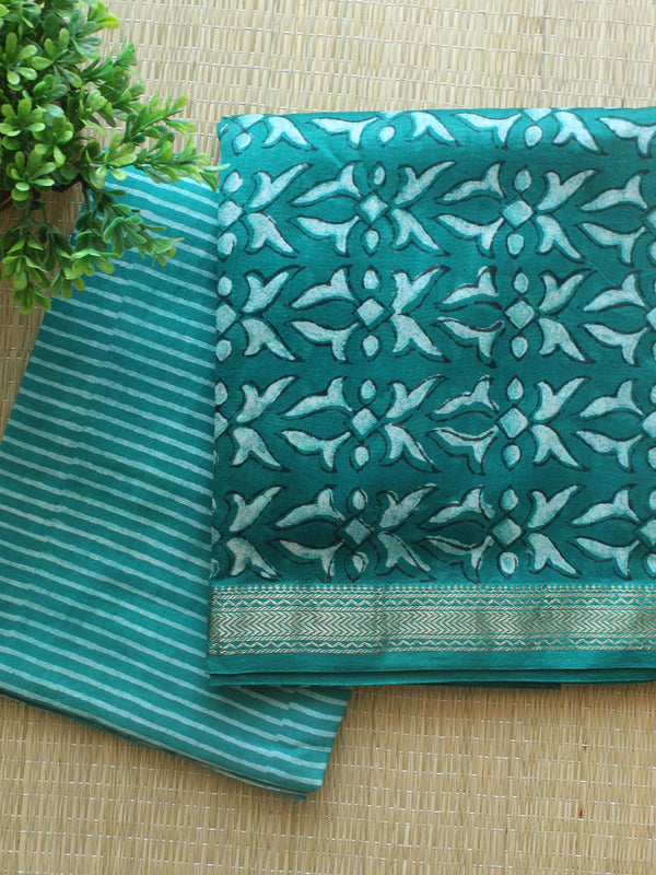 Sea Green Hand Block Printed Maheshwari Dress Material - Weaves of Tradition