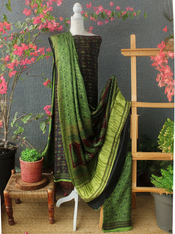 Green and Maroon Bagh Hand Block Printed Modal Silk Dress Material