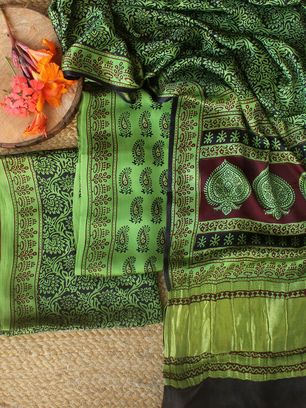 Green Bagh Hand Block Printed Modal Silk Dress Material