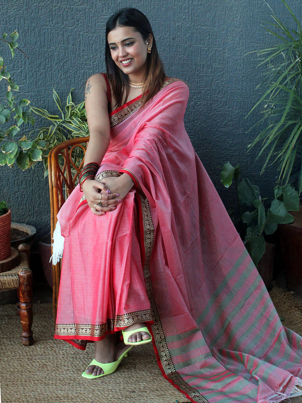 Pink Narayanpet Mercerized Cotton Saree