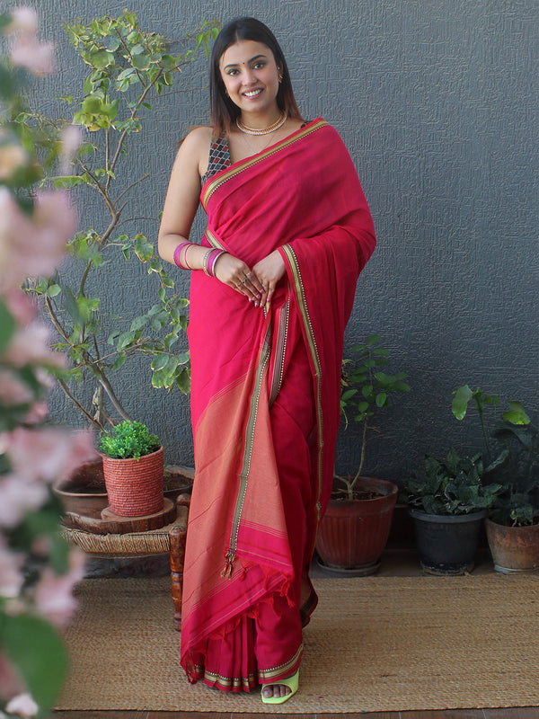 Reddish Pink Narayanpet Mercerized Cotton Saree