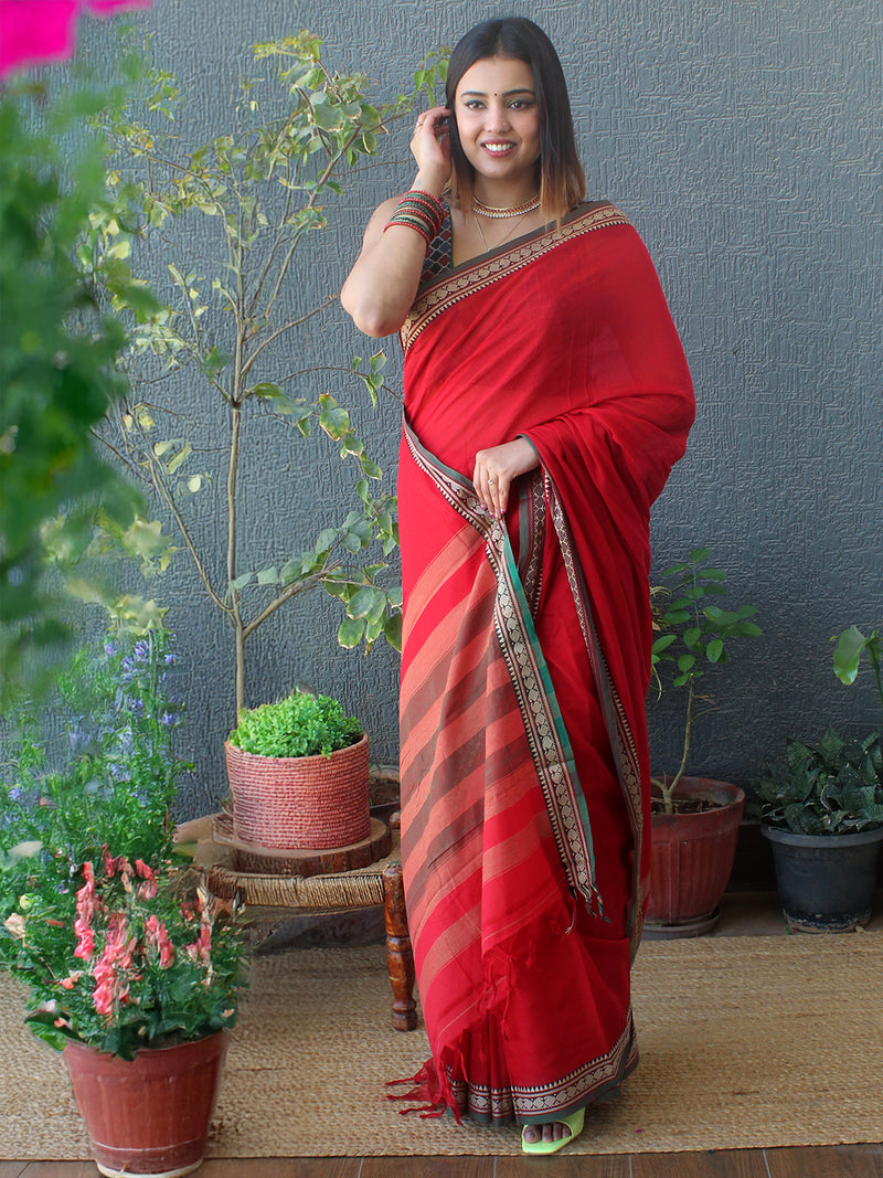 Red Narayanpet Mercerized Cotton Saree