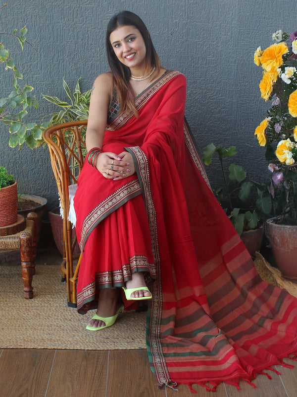 Red Narayanpet Mercerized Cotton Saree