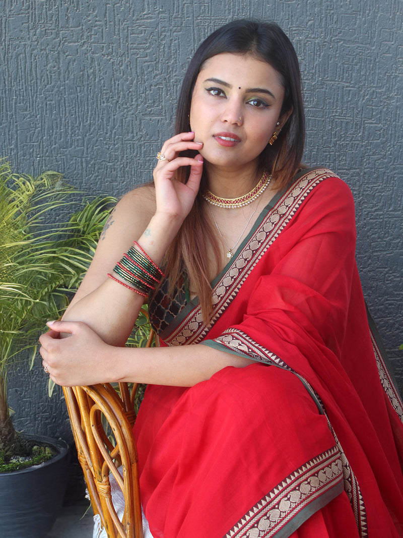 Red Narayanpet Mercerized Cotton Saree