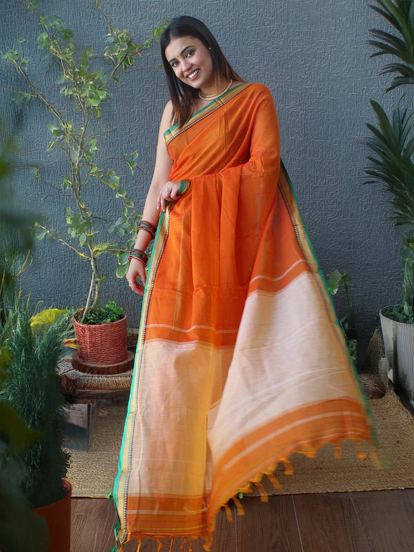 Orange Narayanpet Mercerized Cotton Saree