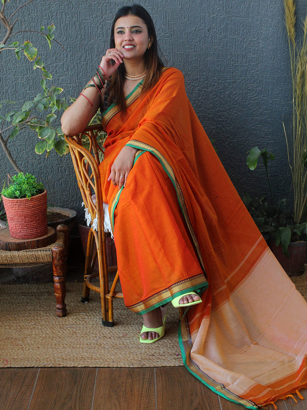 Orange Narayanpet Mercerized Cotton Saree