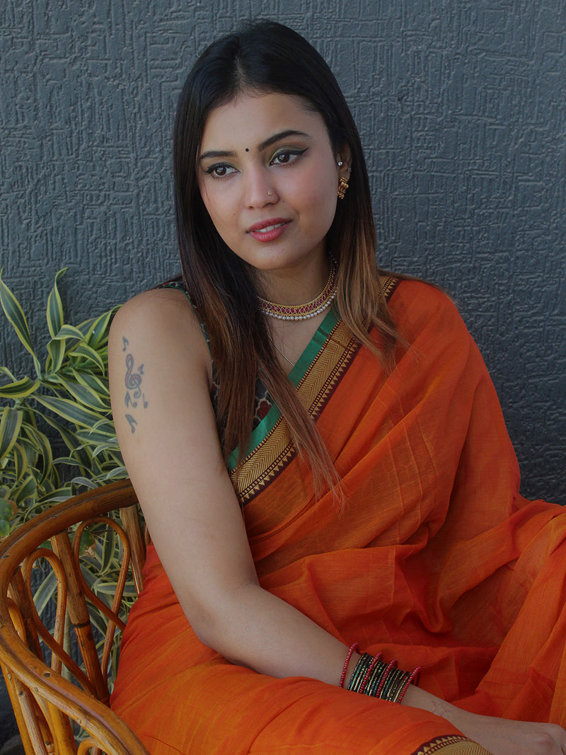 Orange Narayanpet Mercerized Cotton Saree