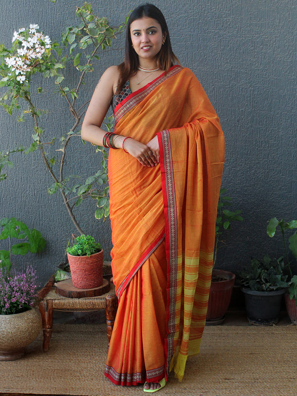 Orange and Yellow Narayanpet Mercerized Cotton Saree