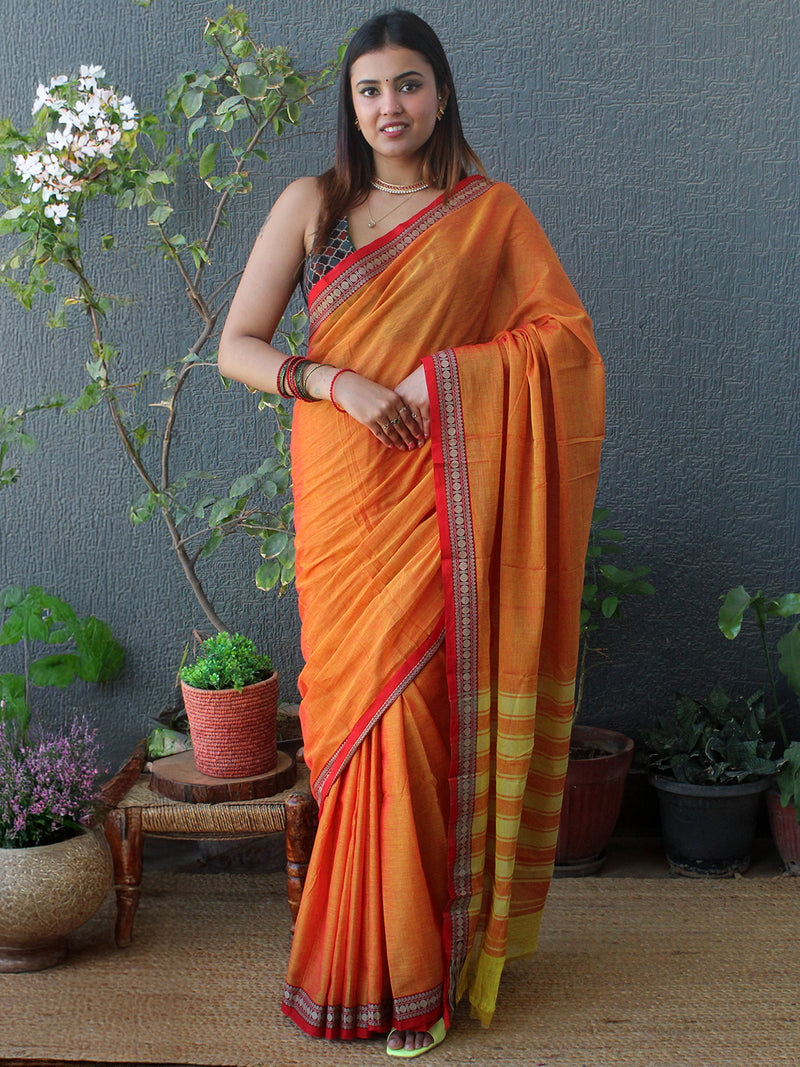 Orange and Yellow Narayanpet Mercerized Cotton Saree