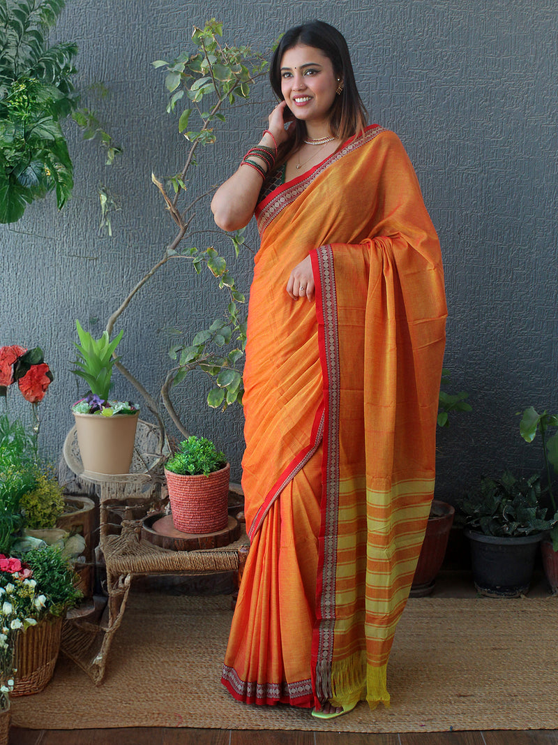 Orange and Yellow Narayanpet Mercerized Cotton Saree