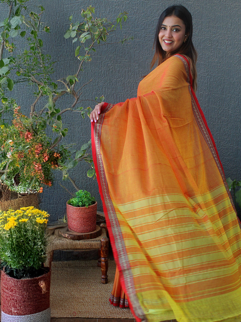 Orange and Yellow Narayanpet Mercerized Cotton Saree
