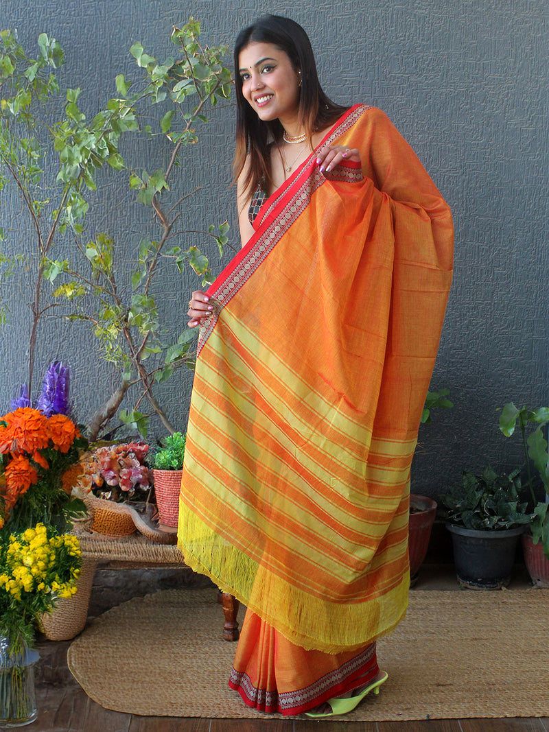Orange and Yellow Narayanpet Mercerized Cotton Saree