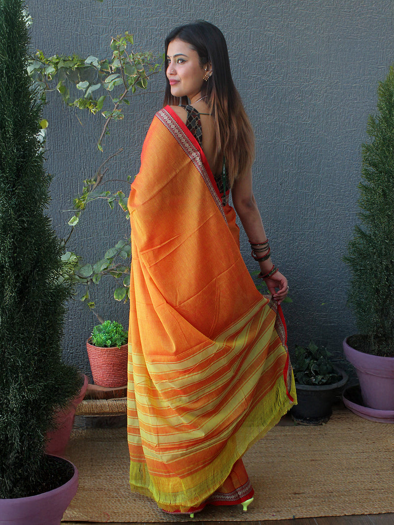 Orange and Yellow Narayanpet Mercerized Cotton Saree