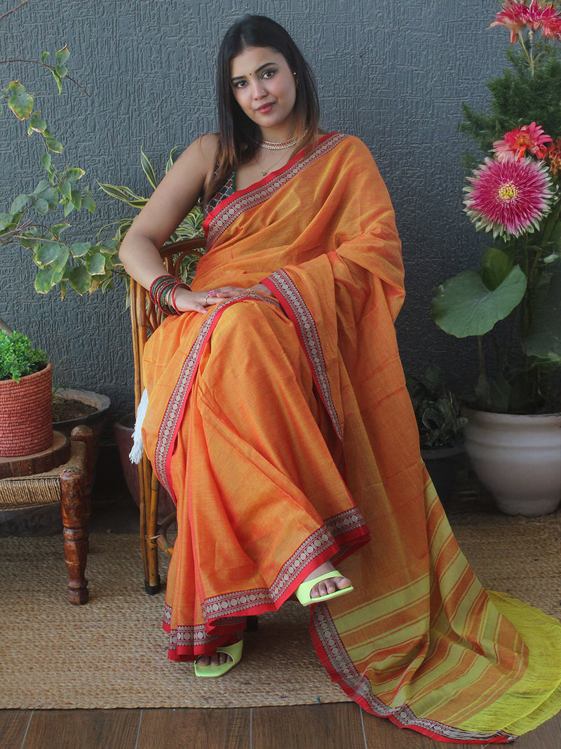 Orange and Yellow Narayanpet Mercerized Cotton Saree