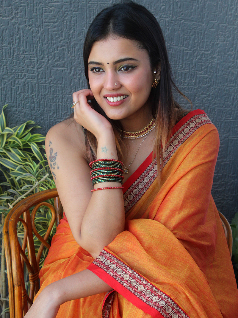 Orange and Yellow Narayanpet Mercerized Cotton Saree