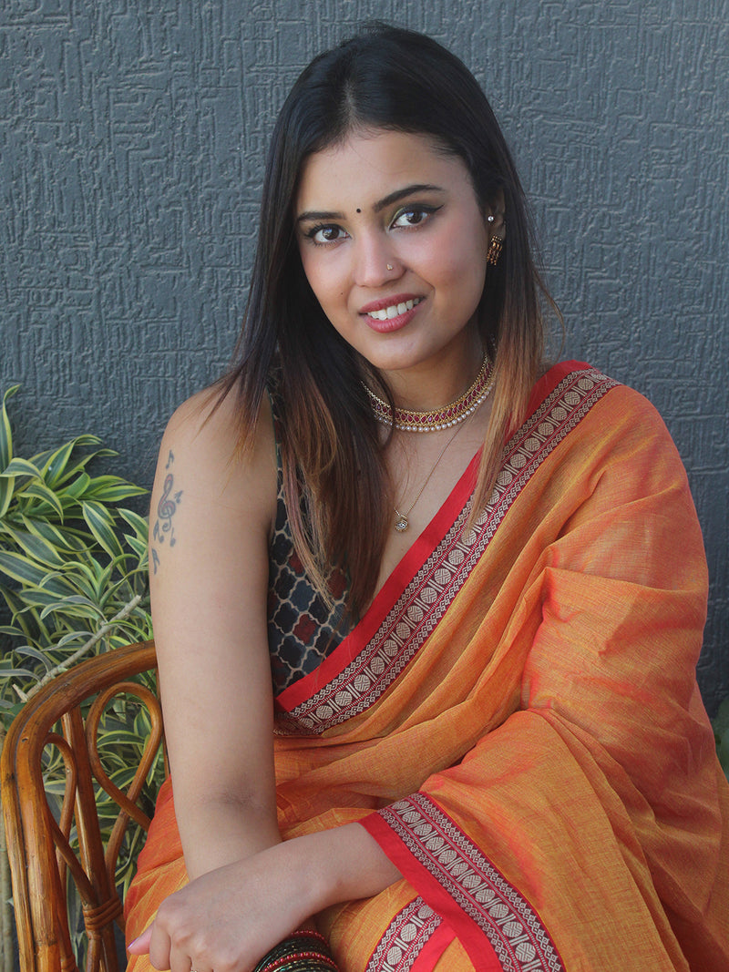 Orange and Yellow Narayanpet Mercerized Cotton Saree