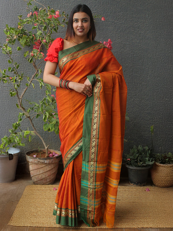 Orange Narayanpet Mercerized Cotton Saree