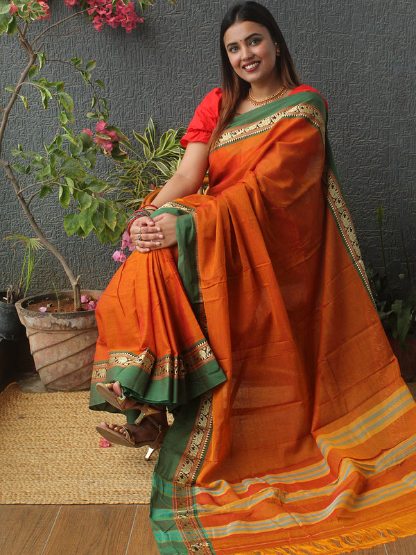 Orange Narayanpet Mercerized Cotton Saree