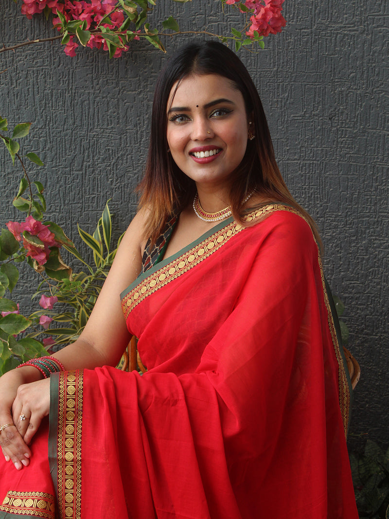 Red Narayanpet Mercerized Cotton Saree