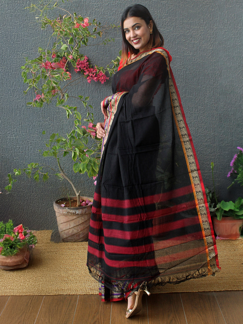 Black Narayanpet Mercerized Cotton Saree