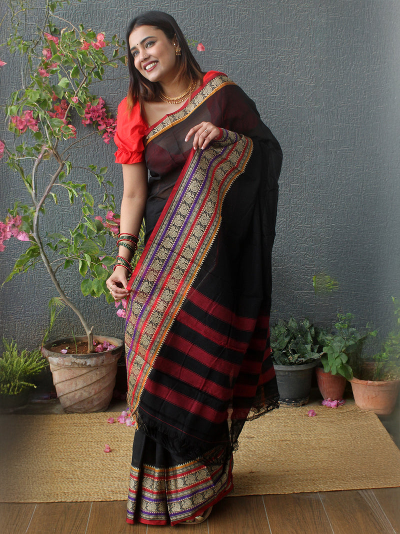Black Narayanpet Mercerized Cotton Saree