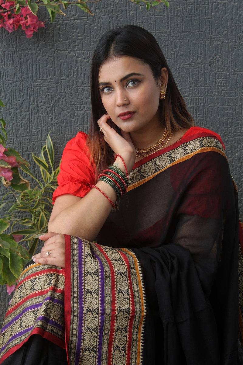 Black Narayanpet Mercerized Cotton Saree