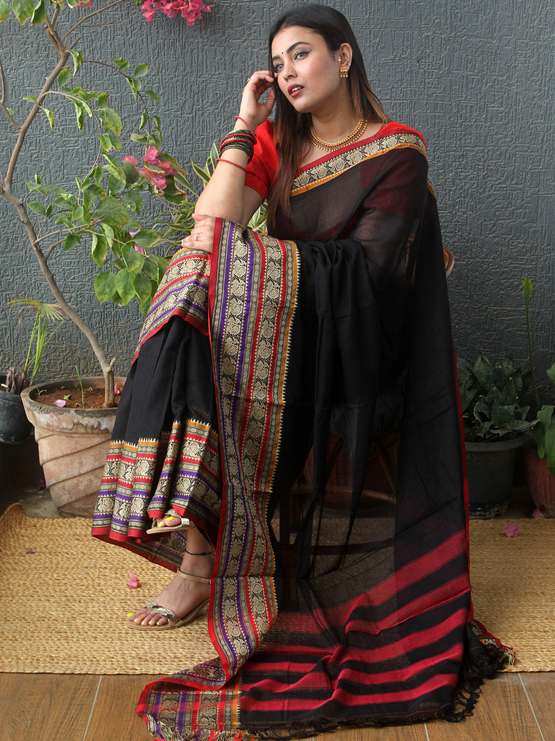 Black Narayanpet Mercerized Cotton Saree
