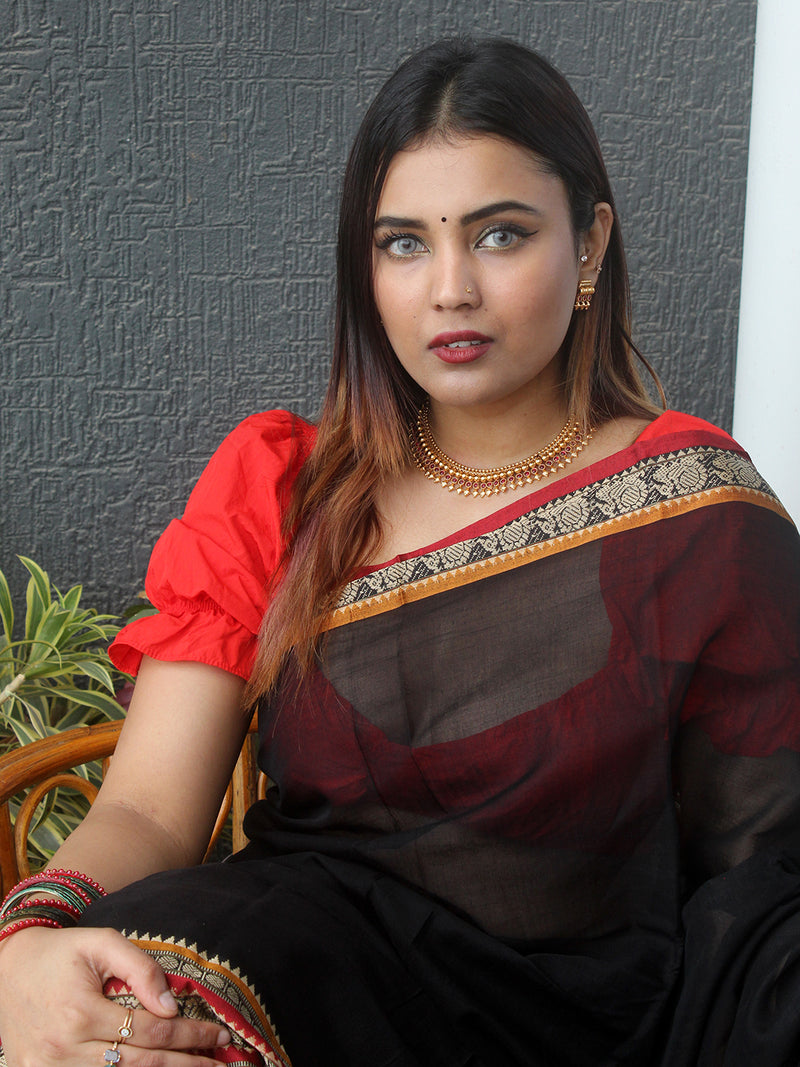 Black Narayanpet Mercerized Cotton Saree