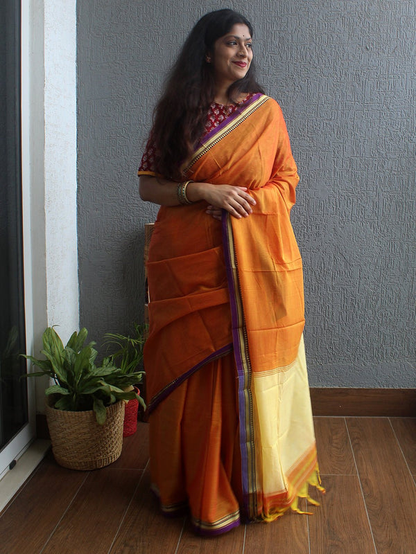 Orange Narayanpet Mercerized Cotton Saree - Weaves of Tradition