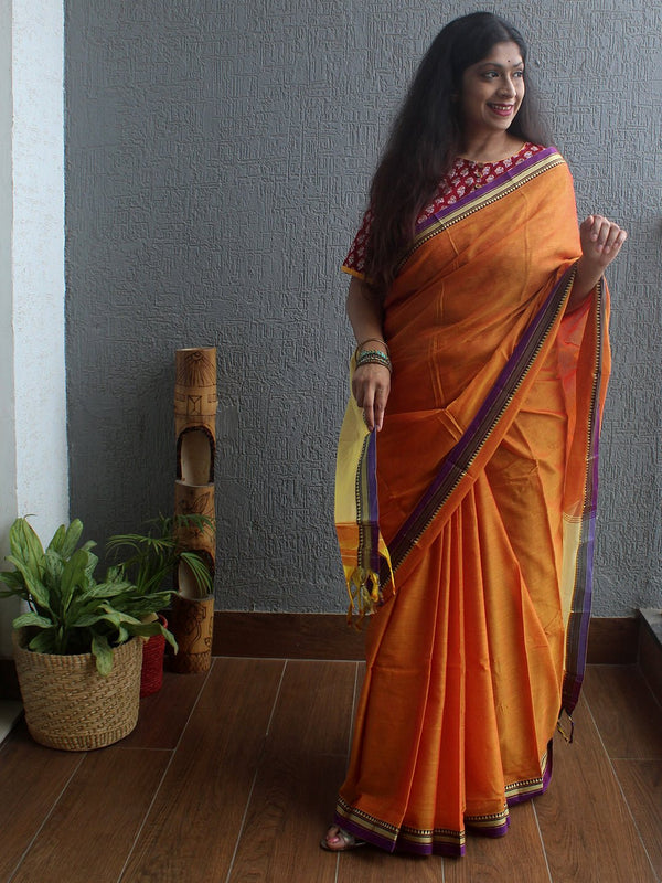 Orange Narayanpet Mercerized Cotton Saree - Weaves of Tradition