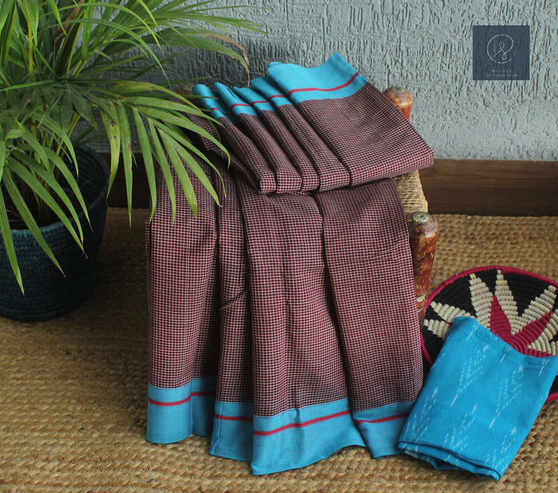 Maroon Patteda Anchu Cotton Saree With Blue Borders