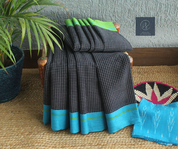 Black Patteda Anchu Cotton Saree With Green and Blue Borders