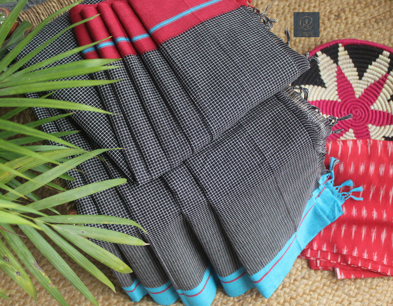 Black Patteda Anchu Cotton Saree With Red and Blue Borders