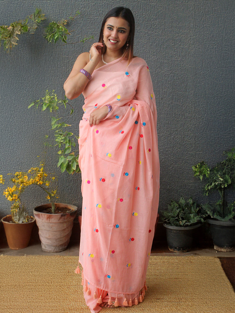 Peach Embroidered Mul Mul Cotton Saree